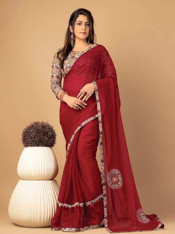 Maroon Fancy Dyed Digital Print Saree